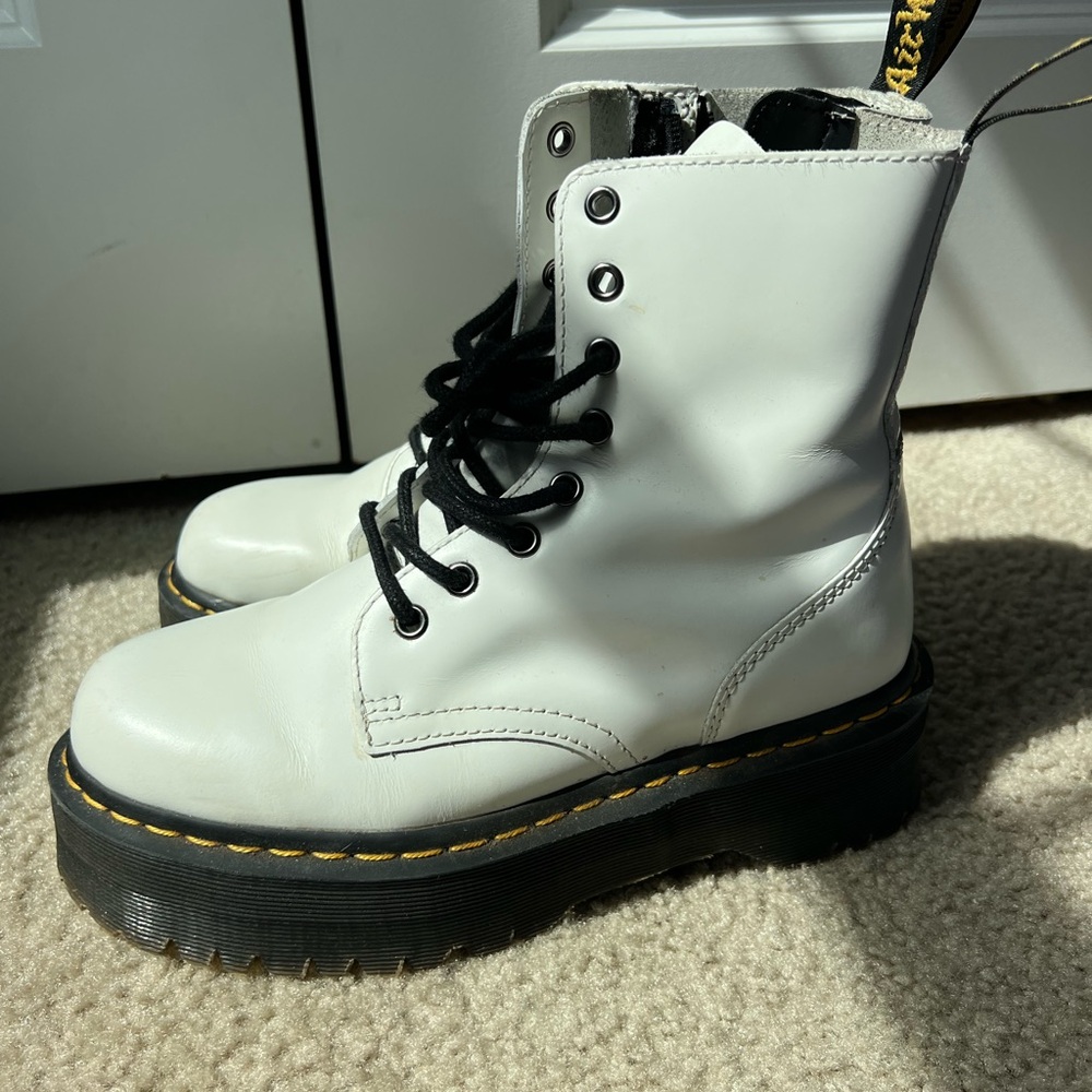 Dr. Martens White and Black Combat Boots with Yellow Stitching